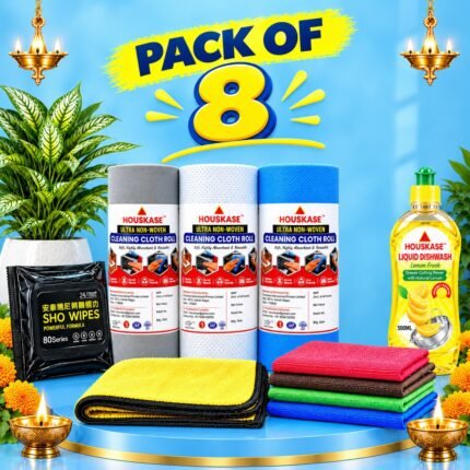 PACK OF 8- Houskase Cleaning Combo Pack of 8 | 3 Non-Woven Cleaning Cloth Rolls, 1 Microfiber Cloth, 1 Pack of 4 Multipurpose Cloths, 1 Wet Wipes Pack & Lemon Liquid Dishwash 500ml | Kitchen, Car & Home Cleaning Kit