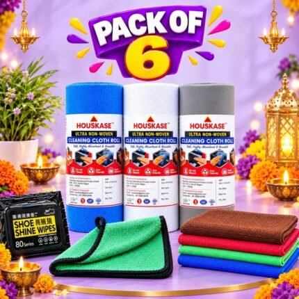 PACK OF 6-Houskase Cleaning Combo Pack of 6 | 3 Ultra Non-Woven Cleaning Cloth Rolls, 1 Green Microfiber Cloth, 1 Pack of 4 Multipurpose Cloths & 1 Shoe Shine Wipes Pack | Kitchen, Car, Shoe & Home Cleaning Kit